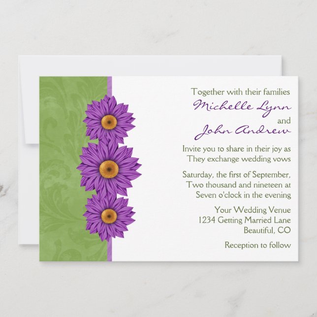 Green with Purple Flowers Wedding Invitation (Front)