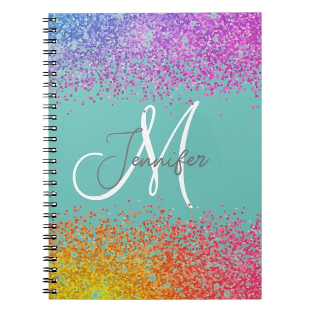 Green with Rainbow Glitter Blush Monogram name  Notebook (Front)