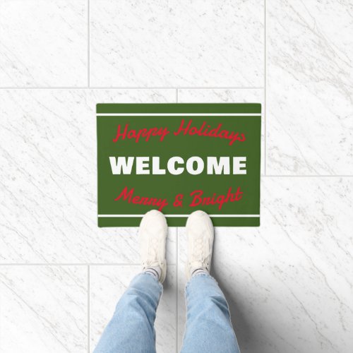 Green with Red and White Lettering Holiday Welcome Doormat
