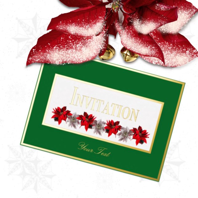 Green With Red Poinsettias Foil Invitation (Creator Uploaded)