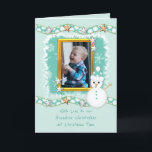 Green with snowman stars and photo Christmas Holiday Card<br><div class="desc">This Christmas Photo Card can be personalized with your own photo and words. Not just for your Grandson. Could be for your Granddaughter,  or any person,  just change the photo and words to suit.

**Samplephoto©Lynnrosedesigns **</div>