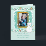 Green with snowman stars and photo Christmas Holiday Card<br><div class="desc">This Christmas Photo Card can be personalized with your own photo and words. Not just for your Grandson. Could be for your Granddaughter,  or any person,  just change the photo and words to suit.

**Samplephoto©Lynnrosedesigns **</div>