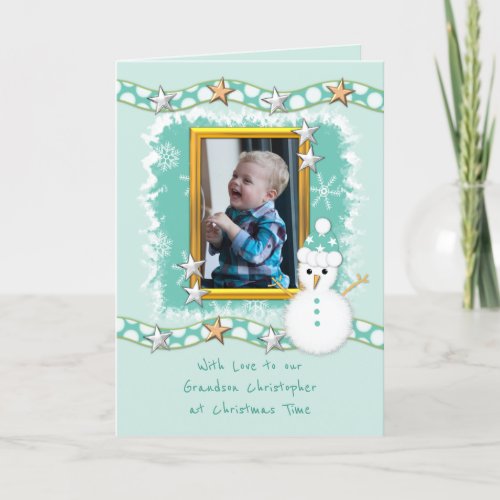 Green with snowman stars and photo Christmas Holiday Card