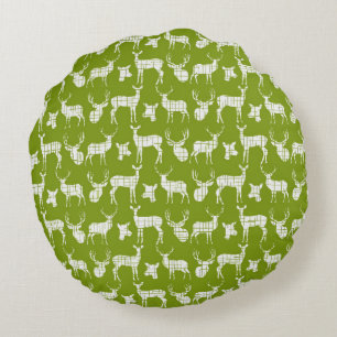 Green With White Deer Round Pillow