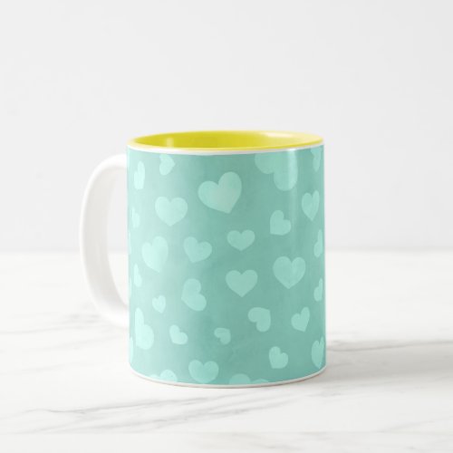 Green with white hearts  yellow interior  Two_Tone coffee mug