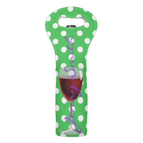 Green with white polka dots and wine glass wine bag