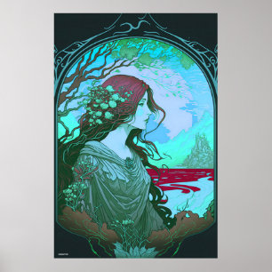 Green woman portrait art nouveau ai design on poster