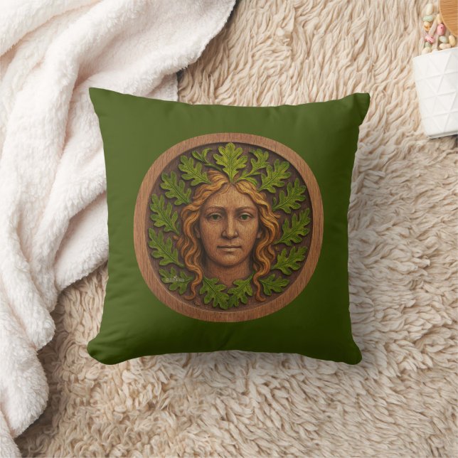 Green Woman - Wood Throw Pillow (Blanket)