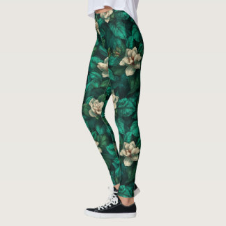 Green Women Active Wear Gardenias Inspired Leggings
