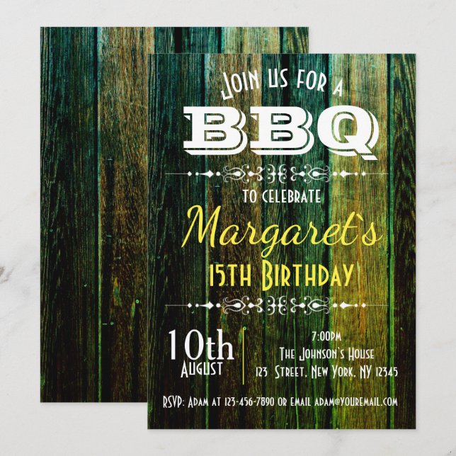 Green Wood BBQ Birthday Party Invite (Front/Back)