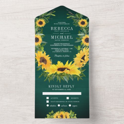 Green Wood Country Sunflowers Garland Wedding All In One Invitation