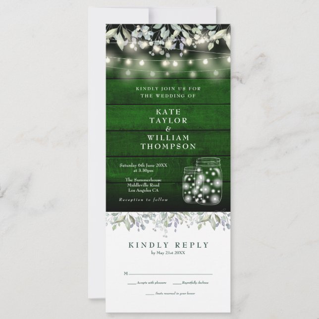 Green Wood Floral Mason Jars All In One Wedding  Invitation (Front)