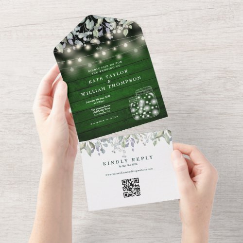 Green Wood Floral String Lights QR Code Wedding All In One Invitation