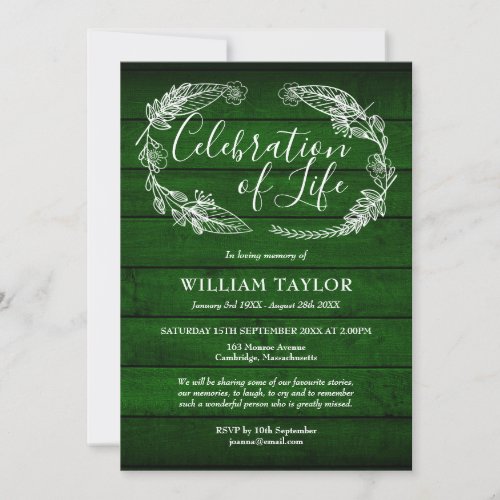 Green Wood Foliage Celebration of Life Funeral Invitation