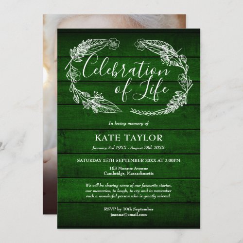 Green Wood Funeral Celebration of Life Photo  Invitation