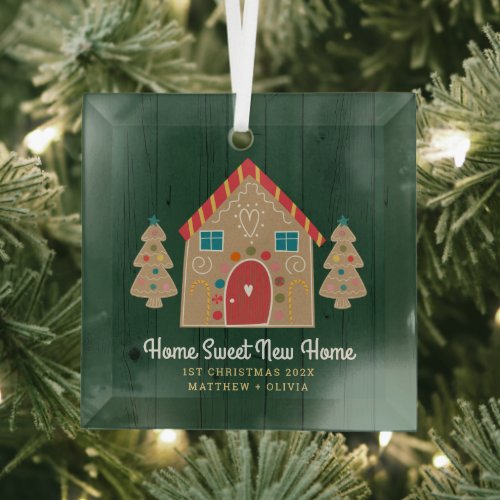 Green Wood Gingerbread New Home First Christmas Glass Ornament