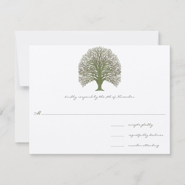 Green Wood Grain Tree Wedding RSVP (Front)