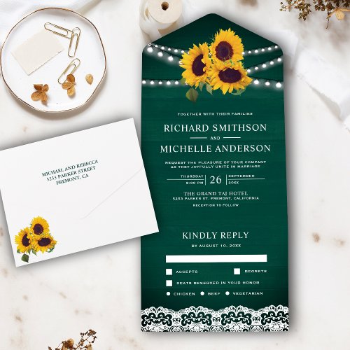 Green Wood Lace String Lights Sunflower Wedding All In One Invitation
