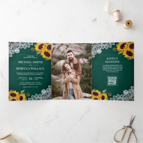 Green Wood Lace Sunflower Photo QR Code Wedding Tri-Fold Invitation