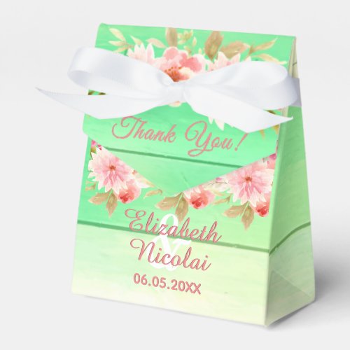 Green wood rustic pink florals wedding favor boxes