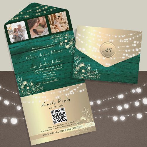 Green Wood Rustic String Lights Wedding QR Code All In One Invitation