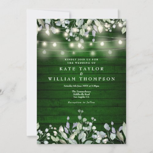 Green Wood String Lights Greenery Floral Wedding Invitation