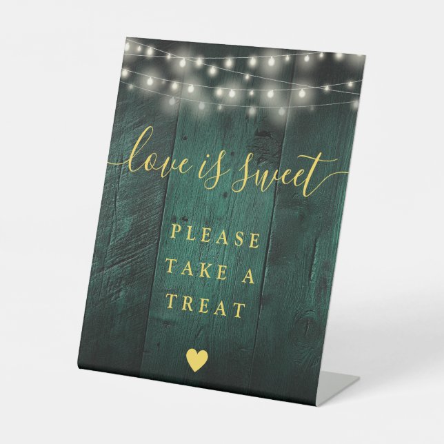 Green Wood String Lights Love Is Sweet Favor  Pedestal Sign (Front)