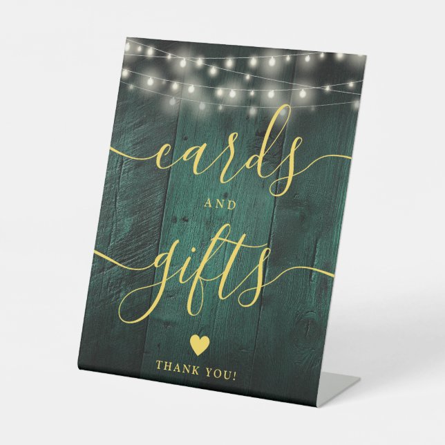 Green Wood String Lights Script Cards And Gifts Pedestal Sign (Front)