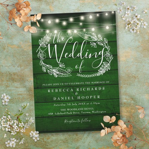 Green Wood String Lights Script Wedding Invitation