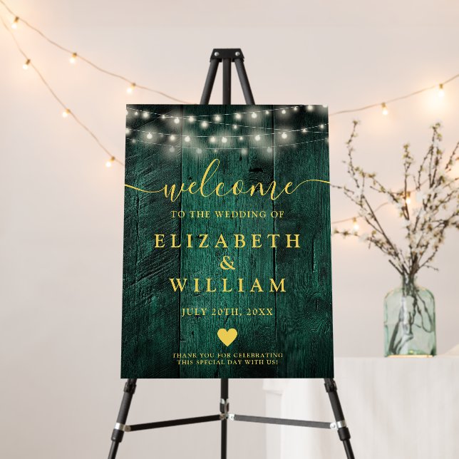 Green Wood String Lights Wedding Welcome Sign (In Situ (Stand))