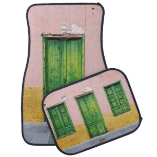 GREEN WOODEN DOOR ON WHITE CONCRETE WALL CAR FLOOR MAT