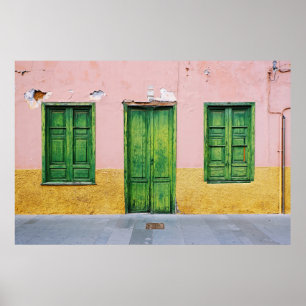 GREEN WOODEN DOOR ON WHITE CONCRETE WALL POSTER