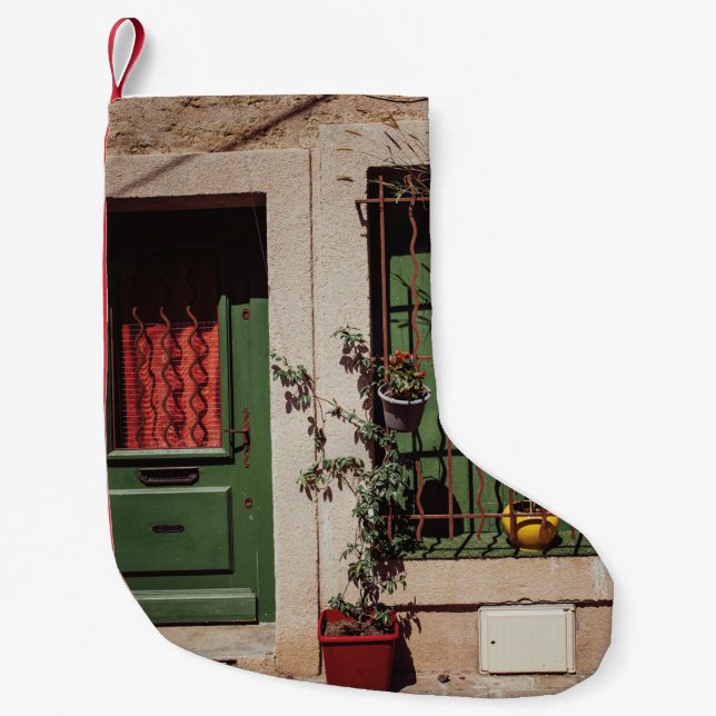 GREEN WOODEN DOOR WITH GREEN PLANT SMALL CHRISTMAS STOCKING (Front)