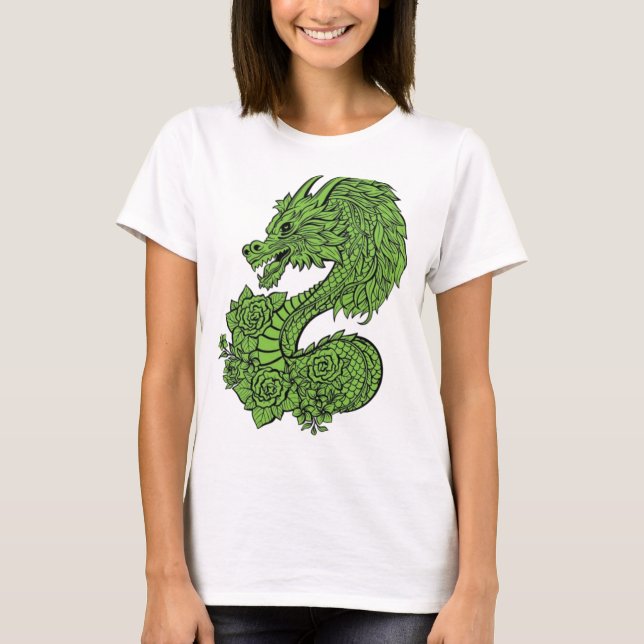 green wooden dragon design t-shirt (Front)
