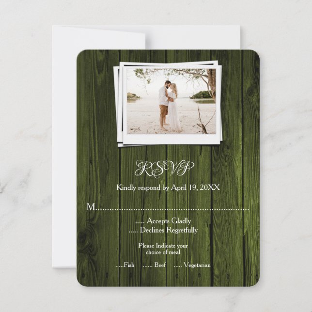Green Wooden Photo Wedding RSVP Card (Front)