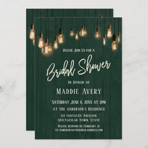 Green Wooden Wall w Edison Lights Bridal Shower Invitation