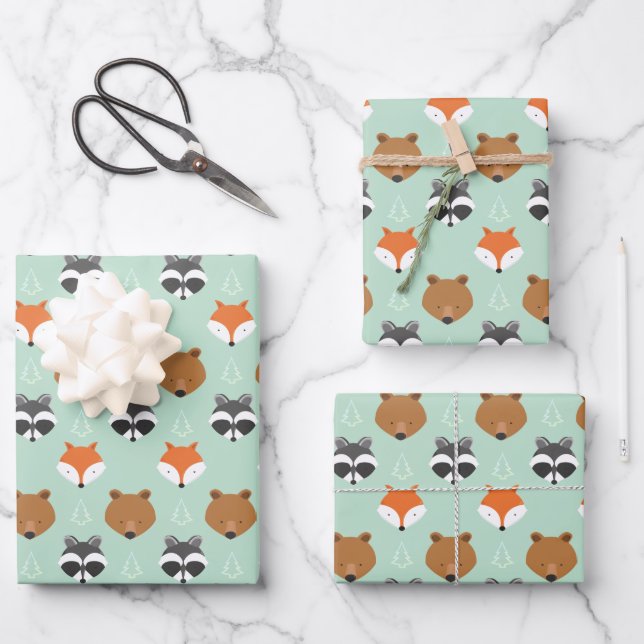 Green Woodland Animal Wrapping Paper Sheets (Front)