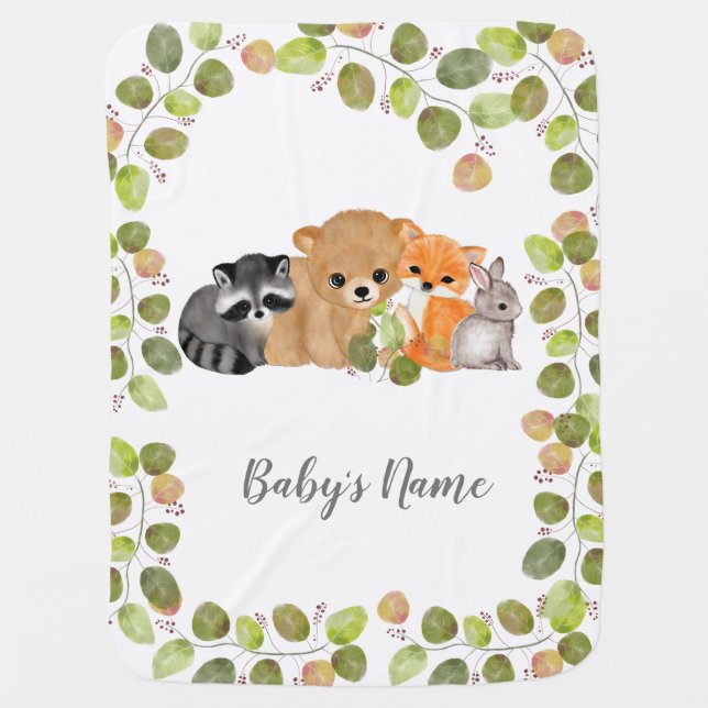 Green Woodland Animals Baby Blanket (Front)