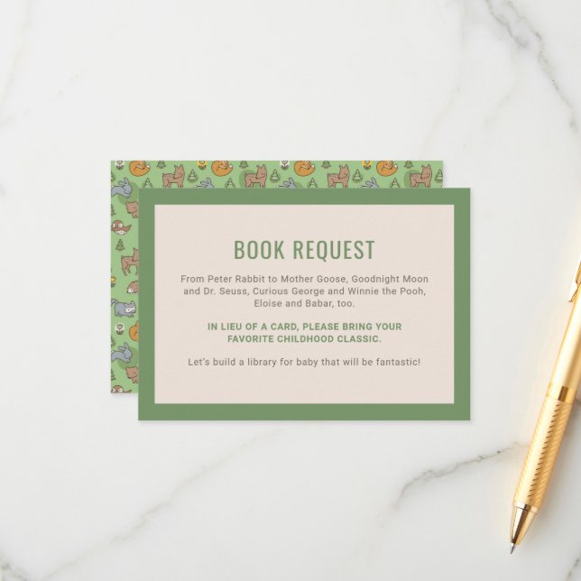 Green Woodland Animals Baby Shower Book Request Enclosure Card (Front/Back In Situ)