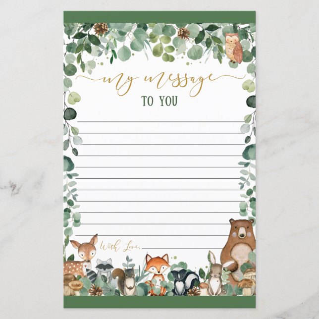 Green Woodland Animals Time Capsule Message Sheet (Front)