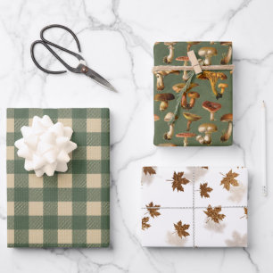 Green Woodland Autumn Mushrooms & Leaves Wrapping Paper Sheets