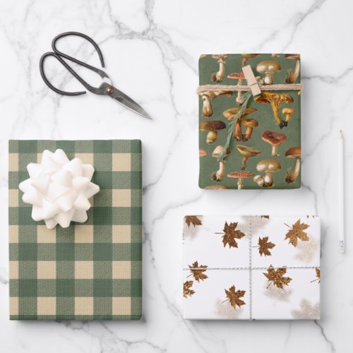 Green Woodland Autumn Mushrooms & Leaves Wrapping Paper Sheets