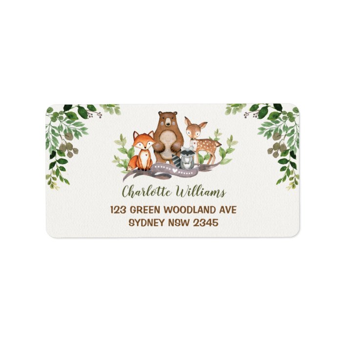 green woodland baby animals forest return address label