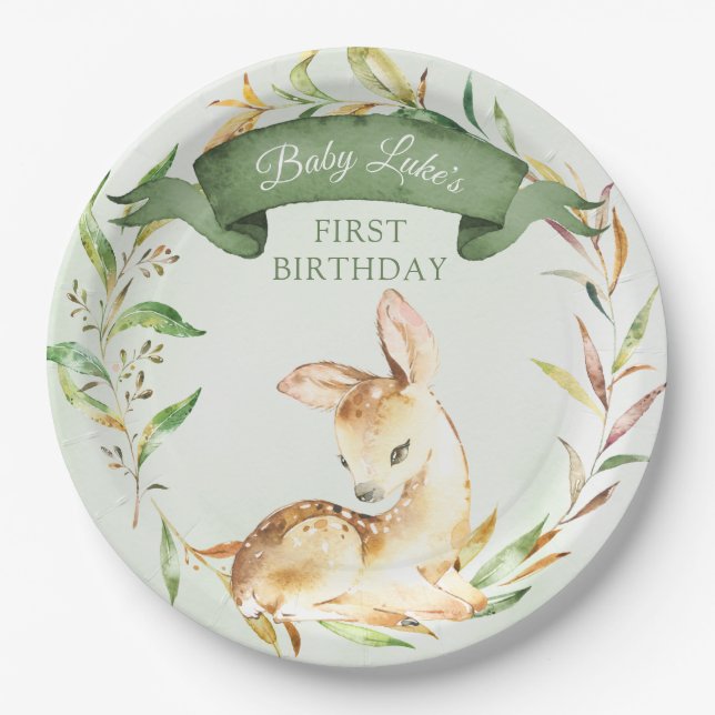 Green Woodland Baby Deer Custom First Birthday Paper Plates (Front)