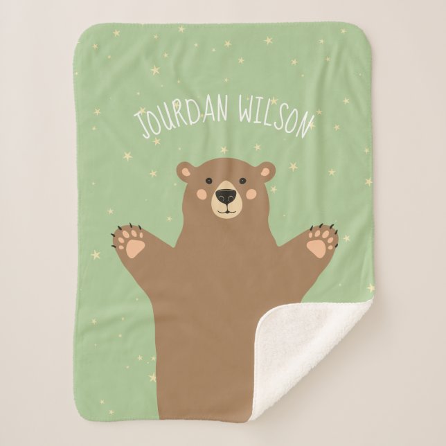 Green Woodland Brown Bear Add Your Name Baby Sherpa Blanket (Front)