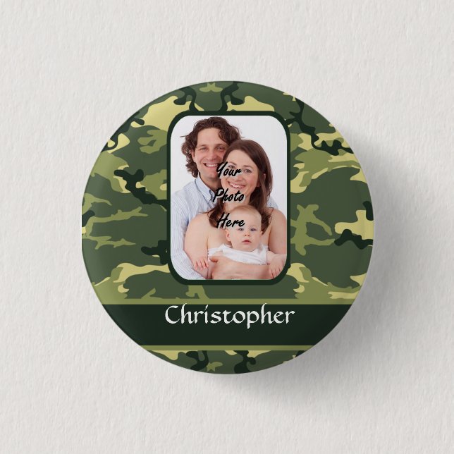 Green woodland camouflage pinback button (Front)