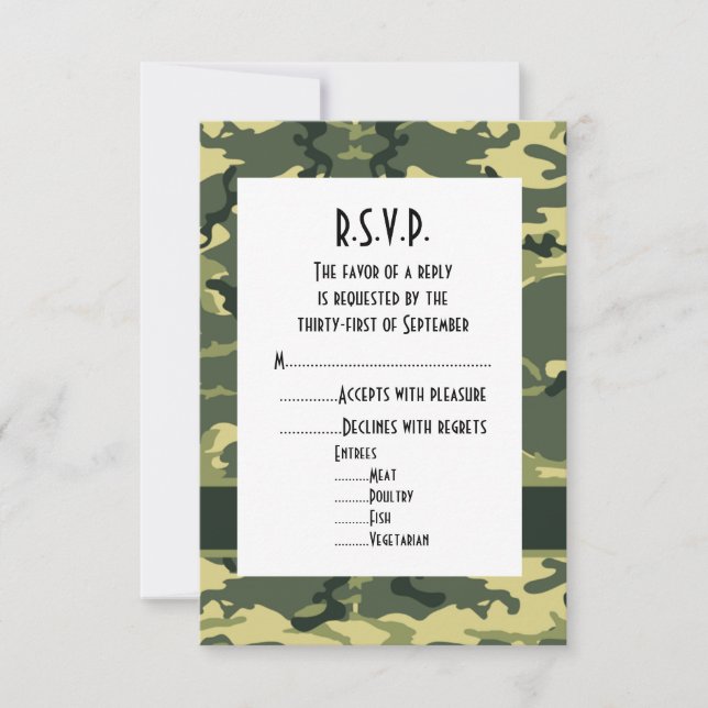 Green woodland camouflage wedding R.S.V.P RSVP Card (Front)
