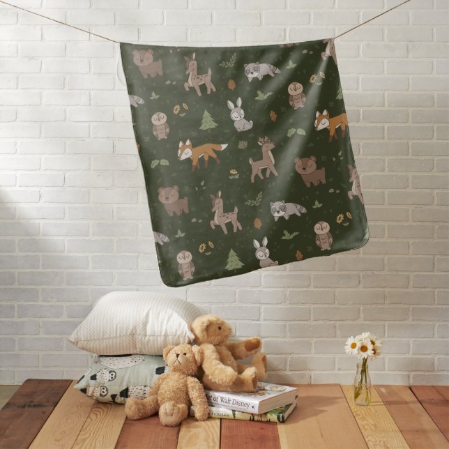 Green Woodland Critters Gender Neutral Baby Blanket (In Situ)