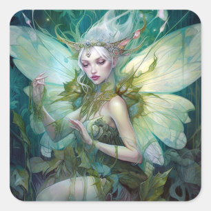 Green Woodland Fairy Fantasy Art Square Sticker