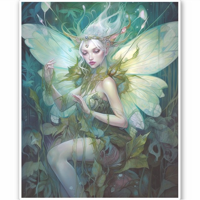 Green Woodland Fairy Fantasy Art Sticker (Front)